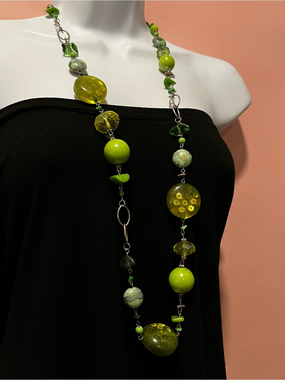 Nephrite Jade Long Lime Green Bead Statement Necklace